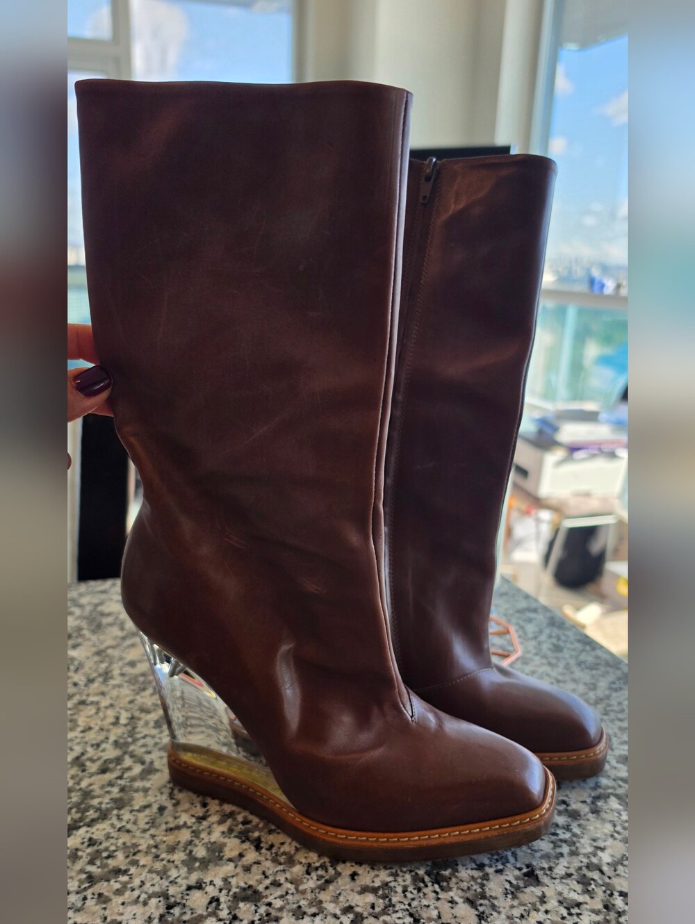 Maison Martin Margiela Brown Leather Calf High Boots with Clear Plexi Wedge Heel